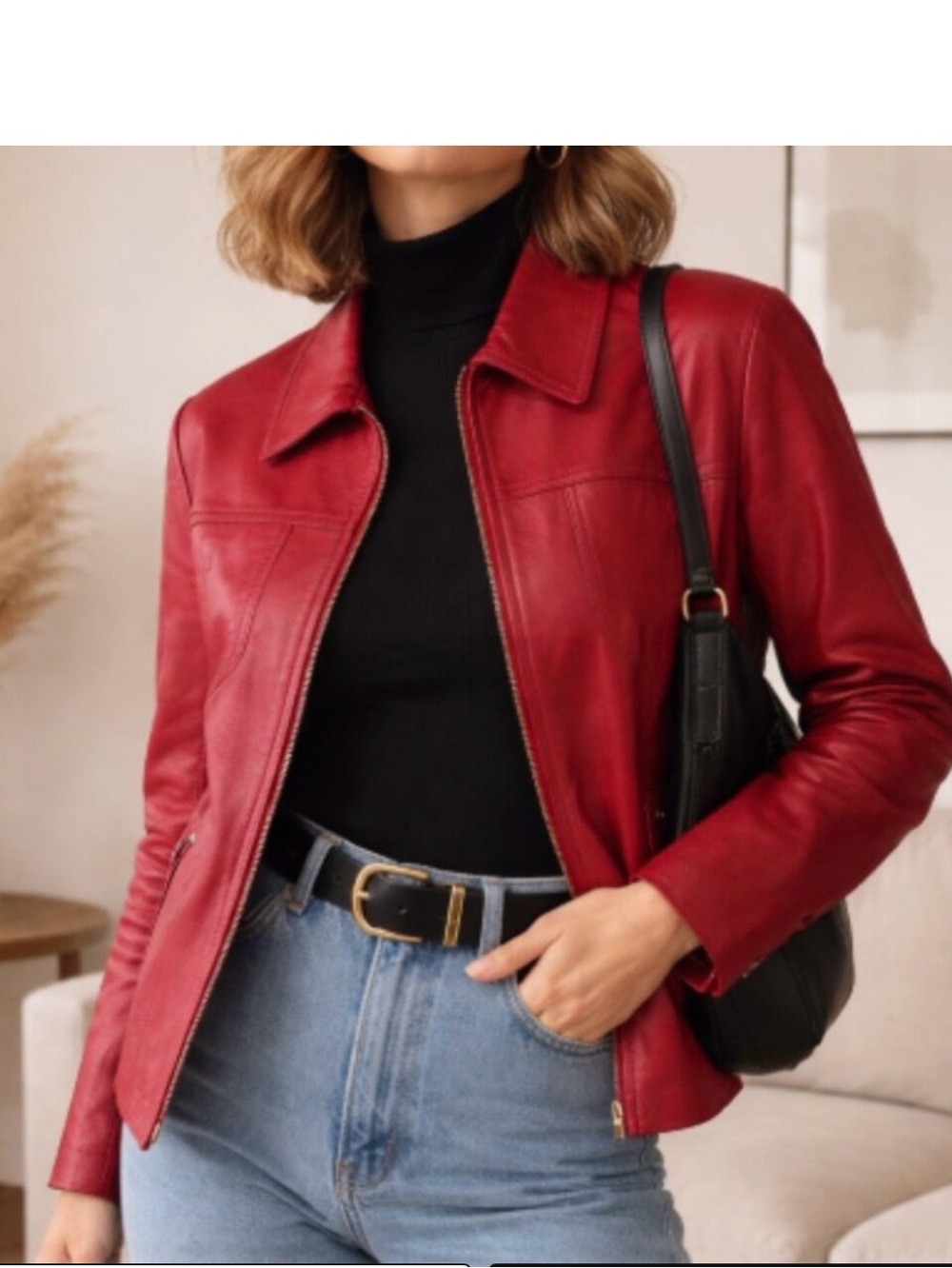 Women’s Red Lamb Leather Zip Jacket - Sleek Collar Style